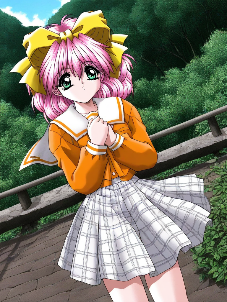 general,highres, ultra-detailed,very aesthetic,best quality ,best hands, BREAK <lora:Kanzaki_Suzu_Akumu_AoiKajitsunoSange_IS:1>
Kanzaki_Suzu, 1girl, solo, pink hair, medium hair, yellow bow, green eyes, hair bow,
orange school uniform, plaid skirt, white and black skirt, 
scenery, outdoors, plant, natural, bridge,
