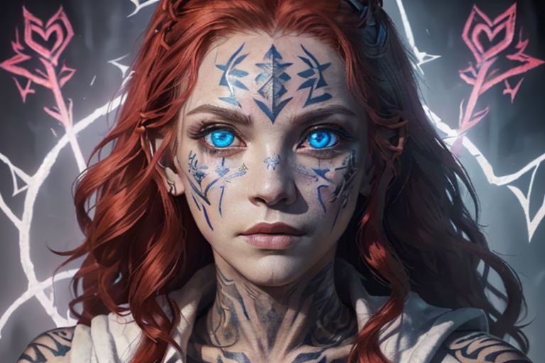 bright red hair, human female, (feminine:1.7), (beautiful face, detailed face:1.6), (beautiful eyes, detailed eyes:1.7), (looking at viewer, eye contact, intense:1.6), (long hair, red hair, curly hair:1.3), , ((masterpiece, best quality, high resolution, realistic, best quality,)), photo realistic, Perfect Face, (detailed face). <lora:GoodHands-vanilla:0.6> <lora:add-detail-xl:0.8>, mage, (Dress White military uniform coat), dagger, rune dagger, glowing runes, , (((glowing magic symbols tattoos, religious tattoos))), ((face tattoos)), glowing tattoos, stone tower in the background