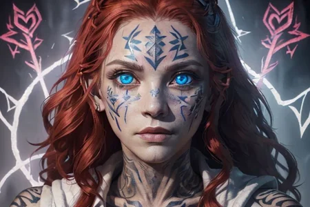 bright red hair, human female, (feminine:1.7), (beautiful face, detailed face:1.6), (beautiful eyes, detailed eyes:1.7), (looking at viewer, eye contact, intense:1.6), (long hair, red hair, curly hair:1.3), , ((masterpiece, best quality, high resolution, realistic, best quality,)), photo realistic, Perfect Face, (detailed face). <lora:GoodHands-vanilla:0.6> <lora:add-detail-xl:0.8>, mage, (Dress White military uniform coat), dagger, rune dagger, glowing runes, , (((glowing magic symbols tattoos, religious tattoos))), ((face tattoos)), glowing tattoos, stone tower in the background