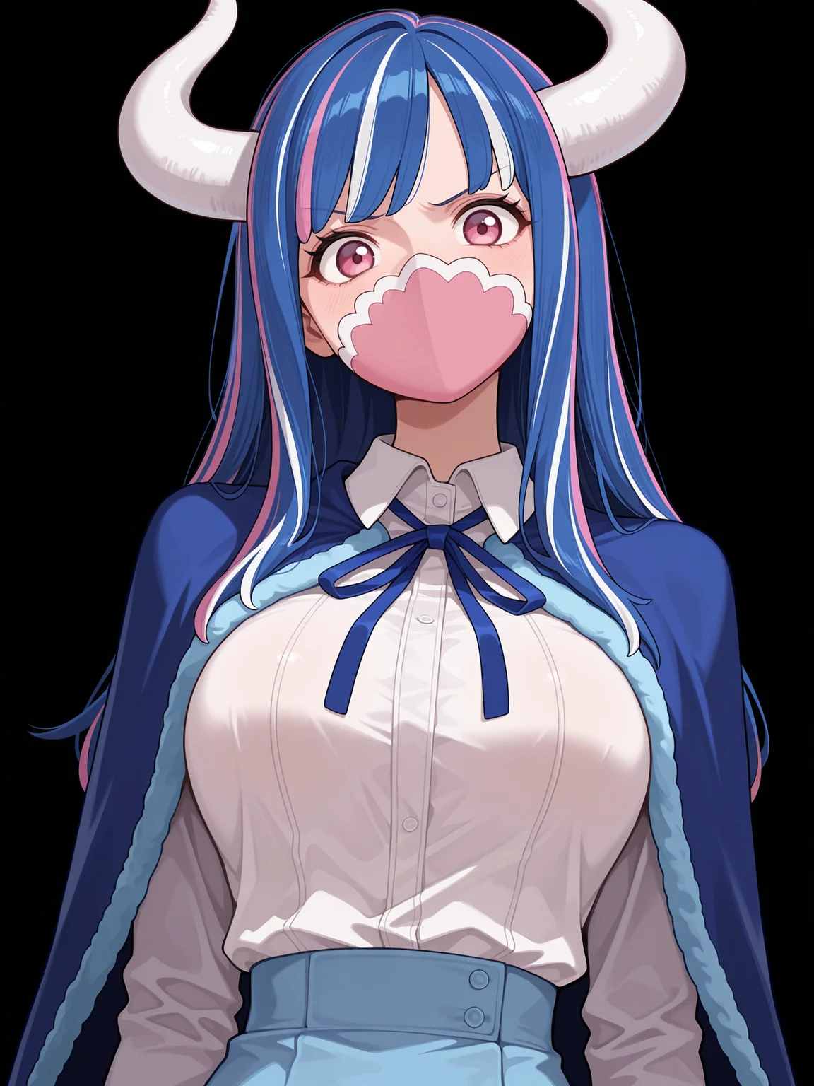 <lora:Ulti Illustrious:1>
ult1, mouth mask, covered mouth, long hair, multicolored hair, streaked hair, blue hair, pink streaks, pink eyes, curled horns,
white shirt, collared shirt, blue skirt, shirt tucked in, blue ribbon, blue cape,
upper body, looking at viewer, head tilt, frown, masterpiece, best quality, amazing quality,, (simple background, black background:1.5),