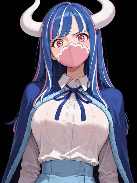 <lora:Ulti Illustrious:1>
ult1, mouth mask, covered mouth, long hair, multicolored hair, streaked hair, blue hair, pink streaks, pink eyes, curled horns,
white shirt, collared shirt, blue skirt, shirt tucked in, blue ribbon, blue cape,
upper body, looking at viewer, head tilt, frown, masterpiece, best quality, amazing quality,, (simple background, black background:1.5),