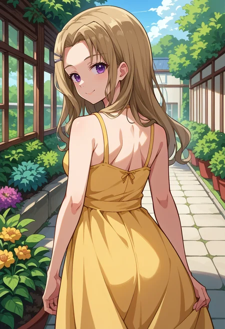score_9, score_8_up, source_anime, 1girl, solo, TakashimaYakumo, light brown hair, purple eyes, long hair, hairclip, from behind, yellow sundress, garden, day, sunshine, smile, looking back, <lora:ChamTakashimaYakumoPonyXL:1>