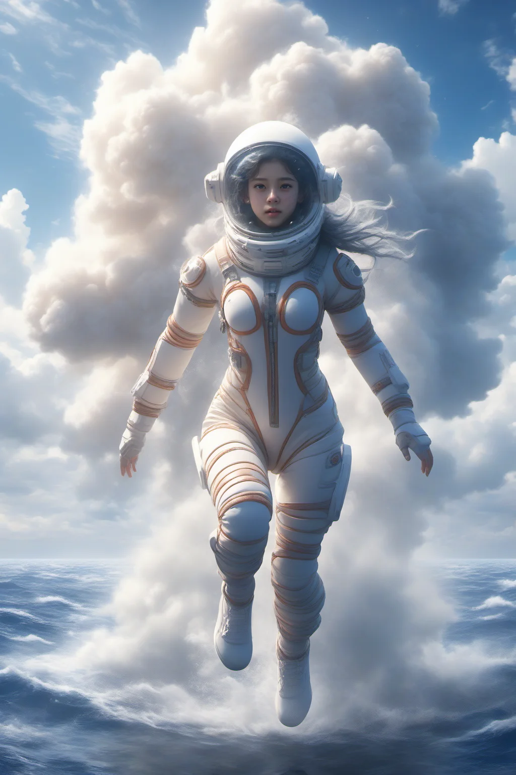 Hyperrealistic art BJ_Sacred_beast,a beautiful 18-year-old girl,wearing a space suit,full body,run,suspension,outdoors,sky,day,cloud,water,blue_sky,ocean,cloudy_sky,
cinematic lighting,strong contrast,high level of detail,Best quality,masterpiece,<lora:SDXL_Sacred_beast:0.7>, . Extremely high-resolution details, photographic, realism pushed to extreme, fine texture, incredibly lifelike