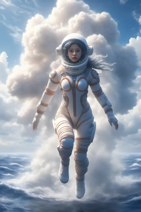 Hyperrealistic art BJ_Sacred_beast,a beautiful 18-year-old girl,wearing a space suit,full body,run,suspension,outdoors,sky,day,cloud,water,blue_sky,ocean,cloudy_sky,
cinematic lighting,strong contrast,high level of detail,Best quality,masterpiece,<lora:SDXL_Sacred_beast:0.7>, . Extremely high-resolution details, photographic, realism pushed to extreme, fine texture, incredibly lifelike