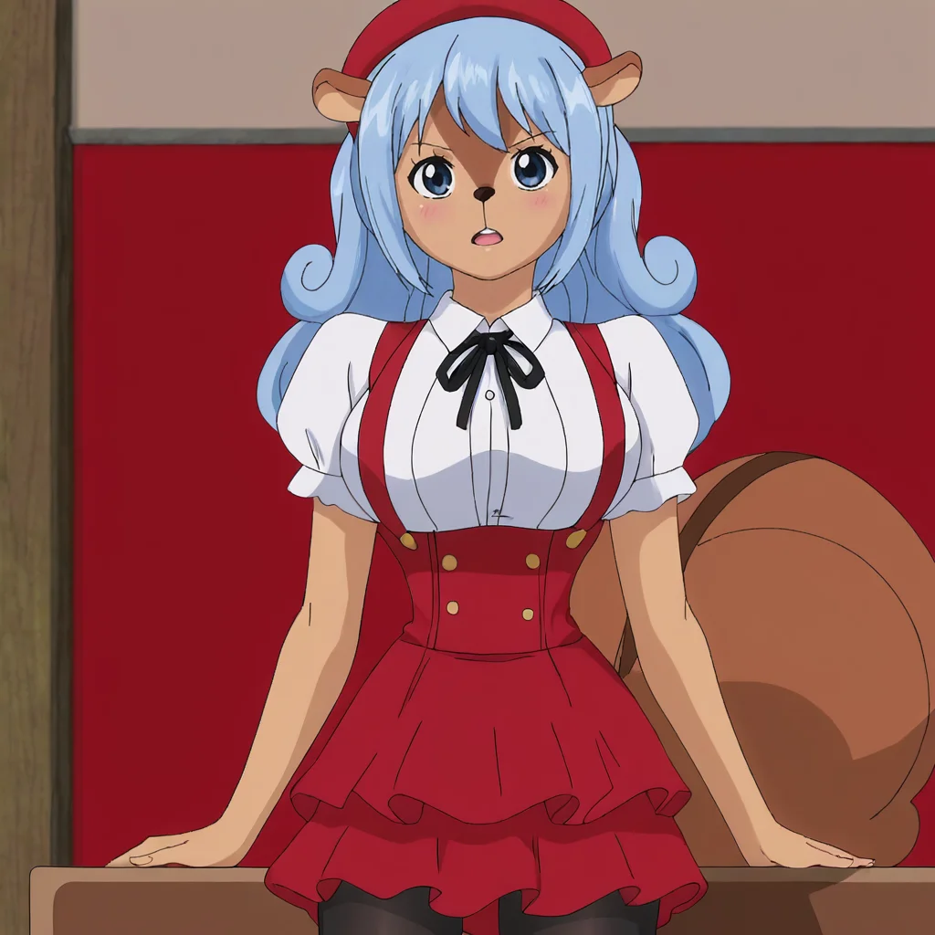 <lora:Tristan_pony_v1:.8> Tristan, 1girl, blue hair, animal ears, tail, long hair, ponytail, blue eyes, breasts, dark skin, cowboy shot,  <lora:0902 Home wear 5_v1_pony:1> ruanyi0902,beret,black ribbon,collared shirt,black pantyhose,high-waist skirt,white shirt,suspenders