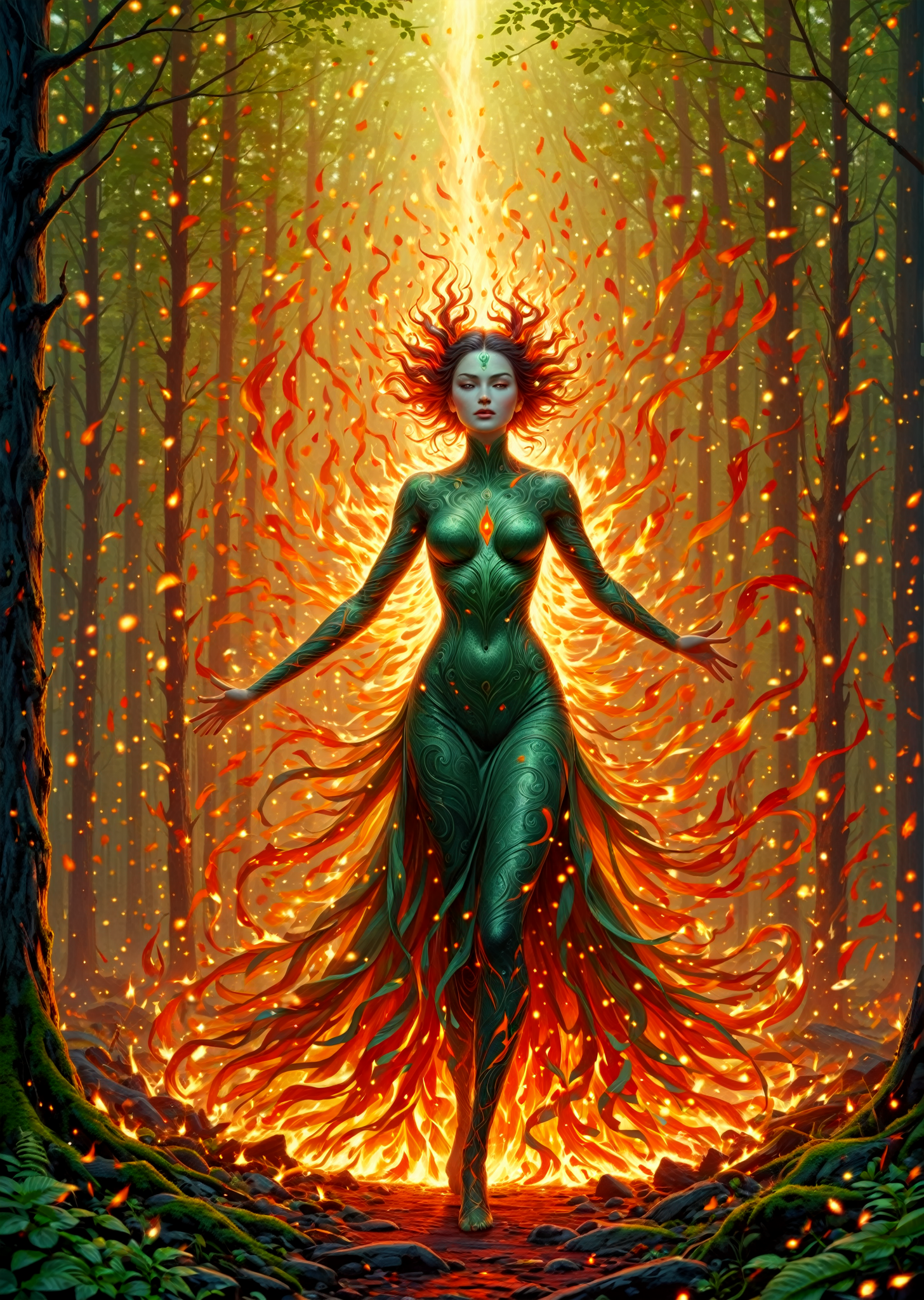 Amidst the verdant heart of an ancient forest, where sunlight filters through a canopy of emerald leaves and the air hums with the symphony of nature, stands a woman of extraordinary grace and power. Her form, sculpted from the very essence of fire, radiates an inner glow that casts a warm, flickering radiance upon her surroundings. Her skin, shimmering with iridescent scales that range from emerald green to fiery orange, bears the subtle markings of flames, hinting at her elemental connection.
With her feet firmly planted on the forest floor, her legs slightly bent to provide a sense of groundedness, she exudes an aura of strength and stability. Yet, there's a fluidity to her movements, a sense of untamed energy that mirrors the dance of the flames she commands. Her arms are outstretched, palms facing upwards, as if summoning the very essence of fire from the depths of her being.
From her fingertips, a stream of flames erupts, swirling and twirling around her like a fiery halo. The flames, imbued with her own potent energy, dance and flicker, casting an enchanting interplay of light and shadow upon her face and body. Her eyes, glowing with an inner fire that rivals the intensity of the flames, reflect the power she wields.
The Salamander Woman is a protector of the forest, a guardian of its ancient secrets. She is a force of nature, as untamed and unpredictable as the flames she commands. Her presence brings a sense of balance to the forest, a delicate equilibrium between the fiery elements and the tranquil serenity of the woodland realm.
The Salamander Woman evokes a sense of awe and wonder, a feeling of being in the presence of something truly extraordinary. Her fiery nature is both captivating and intimidating, a reminder of the primal power that lies at the heart of nature. Yet, there's also an underlying sense of compassion and wisdom in her gaze, a hint of the deep connection she shares with the forest and all its inhabitants.
Her hands are slender and delicate, yet they possess a hidden strength that is evident in the way she controls the flames.
Her fingers are long and tapered, their tips slightly curved as if caressing the flames.
The texture of her skin is smooth and porcelain-like, yet it also bears the subtle markings of scales, hinting at her salamander nature.
Gustav Klimt: Capture the woman's fiery spirit and connection to nature with Klimt's signature swirling patterns and use of gold leaf.
Frida Kahlo: Convey the woman's inner strength and resilience through Kahlo's bold self-portraits and vibrant colors.
Hieronymus Bosch: Depict the woman as a fantastical creature amidst a surreal landscape, inspired by Bosch's dreamlike imagery and symbolic elements.
Warm, flickering light from the flames casts a dynamic interplay of light and shadow on her face and body, emphasizing her salamander-like features.
The surrounding forest is bathed in a soft, ethereal glow, creating a sense of mystery and enchantment.
The camera angle is slightly low, looking up at the woman, emphasizing her power and commanding presence.
The focus is sharp on her face and hands, drawing the viewer's attention to her fiery power.
Use a combination of photorealistic and painterly techniques to create a realistic yet dreamlike quality.
Pay attention to the subtle textures of her skin, scales, and hair to enhance the realism.
<-Generated @Aishor->
 <lora:fire_xl:0.3> firemode
 <lora:ral-lava:0.3> ral-lava
 <lora:Flashfiring_Colorful_Digital_Art:0.3>
 <lora:Aesthetics_Enhancer_XL:0.4> EnhanceImage