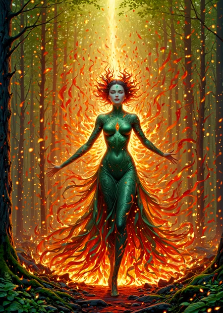 Amidst the verdant heart of an ancient forest, where sunlight filters through a canopy of emerald leaves and the air hums with the symphony of nature, stands a woman of extraordinary grace and power. Her form, sculpted from the very essence of fire, radiates an inner glow that casts a warm, flickering radiance upon her surroundings. Her skin, shimmering with iridescent scales that range from emerald green to fiery orange, bears the subtle markings of flames, hinting at her elemental connection.
With her feet firmly planted on the forest floor, her legs slightly bent to provide a sense of groundedness, she exudes an aura of strength and stability. Yet, there's a fluidity to her movements, a sense of untamed energy that mirrors the dance of the flames she commands. Her arms are outstretched, palms facing upwards, as if summoning the very essence of fire from the depths of her being.
From her fingertips, a stream of flames erupts, swirling and twirling around her like a fiery halo. The flames, imbued with her own potent energy, dance and flicker, casting an enchanting interplay of light and shadow upon her face and body. Her eyes, glowing with an inner fire that rivals the intensity of the flames, reflect the power she wields.
The Salamander Woman is a protector of the forest, a guardian of its ancient secrets. She is a force of nature, as untamed and unpredictable as the flames she commands. Her presence brings a sense of balance to the forest, a delicate equilibrium between the fiery elements and the tranquil serenity of the woodland realm.
The Salamander Woman evokes a sense of awe and wonder, a feeling of being in the presence of something truly extraordinary. Her fiery nature is both captivating and intimidating, a reminder of the primal power that lies at the heart of nature. Yet, there's also an underlying sense of compassion and wisdom in her gaze, a hint of the deep connection she shares with the forest and all its inhabitants.
Her hands are slender and delicate, yet they possess a hidden strength that is evident in the way she controls the flames.
Her fingers are long and tapered, their tips slightly curved as if caressing the flames.
The texture of her skin is smooth and porcelain-like, yet it also bears the subtle markings of scales, hinting at her salamander nature.
Gustav Klimt: Capture the woman's fiery spirit and connection to nature with Klimt's signature swirling patterns and use of gold leaf.
Frida Kahlo: Convey the woman's inner strength and resilience through Kahlo's bold self-portraits and vibrant colors.
Hieronymus Bosch: Depict the woman as a fantastical creature amidst a surreal landscape, inspired by Bosch's dreamlike imagery and symbolic elements.
Warm, flickering light from the flames casts a dynamic interplay of light and shadow on her face and body, emphasizing her salamander-like features.
The surrounding forest is bathed in a soft, ethereal glow, creating a sense of mystery and enchantment.
The camera angle is slightly low, looking up at the woman, emphasizing her power and commanding presence.
The focus is sharp on her face and hands, drawing the viewer's attention to her fiery power.
Use a combination of photorealistic and painterly techniques to create a realistic yet dreamlike quality.
Pay attention to the subtle textures of her skin, scales, and hair to enhance the realism.
<-Generated @Aishor->
 <lora:fire_xl:0.3> firemode
 <lora:ral-lava:0.3> ral-lava
 <lora:Flashfiring_Colorful_Digital_Art:0.3>
 <lora:Aesthetics_Enhancer_XL:0.4> EnhanceImage