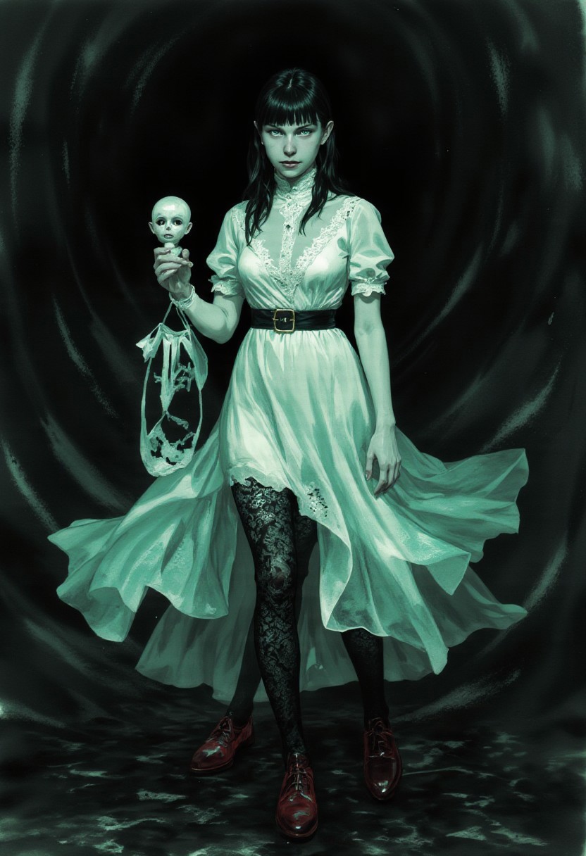 (A hyper-detailed, full-body digital illustration in the style of cksc, depicting JunjiIto.hanna, an eerie girl with long, dark bangs and an intense) gaze. Her pale skin contrasts sharply with her jet-black hair, which falls in sleek, straight strands past her waist, partially obscuring her face. Her wide, unblinking eyes are shadowed, giving her an unsettling, almost supernatural presence. She wears a delicate, vintage-style white dress with intricate lace patterns, a high ruffled collar, and puffed sleeves, cinched at the waist with a satin ribbon. The flowing skirt reaches her ankles, revealing black lace stockings and polished, deep red Mary Jane shoes. Her slender fingers clutch a small, tattered porcelain doll with cracked skin and hollow eyes, mirroring her own eerie expression. Beneath her, an iridescent, glowing shadow spills outward, shifting between hues of violet, cyan, and eerie green, creating an unnatural contrast against the dark, swirling background. The chaotic mass of black and gray ink-like patterns behind her twists and warps, enhancing the surreal horror aesthetic. The hyper-detailed shading and texturing make the scene feel hauntingly lifelike, as if she is emerging from a vivid nightmare.