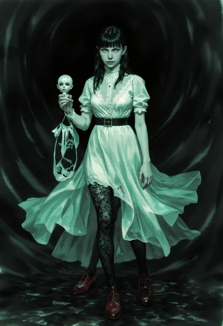 (A hyper-detailed, full-body digital illustration in the style of cksc, depicting JunjiIto.hanna, an eerie girl with long, dark bangs and an intense) gaze. Her pale skin contrasts sharply with her jet-black hair, which falls in sleek, straight strands past her waist, partially obscuring her face. Her wide, unblinking eyes are shadowed, giving her an unsettling, almost supernatural presence. She wears a delicate, vintage-style white dress with intricate lace patterns, a high ruffled collar, and puffed sleeves, cinched at the waist with a satin ribbon. The flowing skirt reaches her ankles, revealing black lace stockings and polished, deep red Mary Jane shoes. Her slender fingers clutch a small, tattered porcelain doll with cracked skin and hollow eyes, mirroring her own eerie expression. Beneath her, an iridescent, glowing shadow spills outward, shifting between hues of violet, cyan, and eerie green, creating an unnatural contrast against the dark, swirling background. The chaotic mass of black and gray ink-like patterns behind her twists and warps, enhancing the surreal horror aesthetic. The hyper-detailed shading and texturing make the scene feel hauntingly lifelike, as if she is emerging from a vivid nightmare.