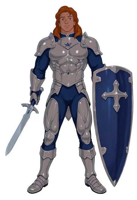 1man, solo, character desing sheet, heavy shining armor, silver sword big shield, muscular, strong, white background, <lora:Prince_Adam_BTB_IL_V.2:0.7>, Prince_Adam_BTB, 1man, auburn hair, blue eyes, loose hair, <lora:illustriousXL_stabilizer_v1.23:0.5>, <lora:spo_sdxl_10ep_4k-data_lora_webui:0.5>, masterpiece, best best quality, high quality