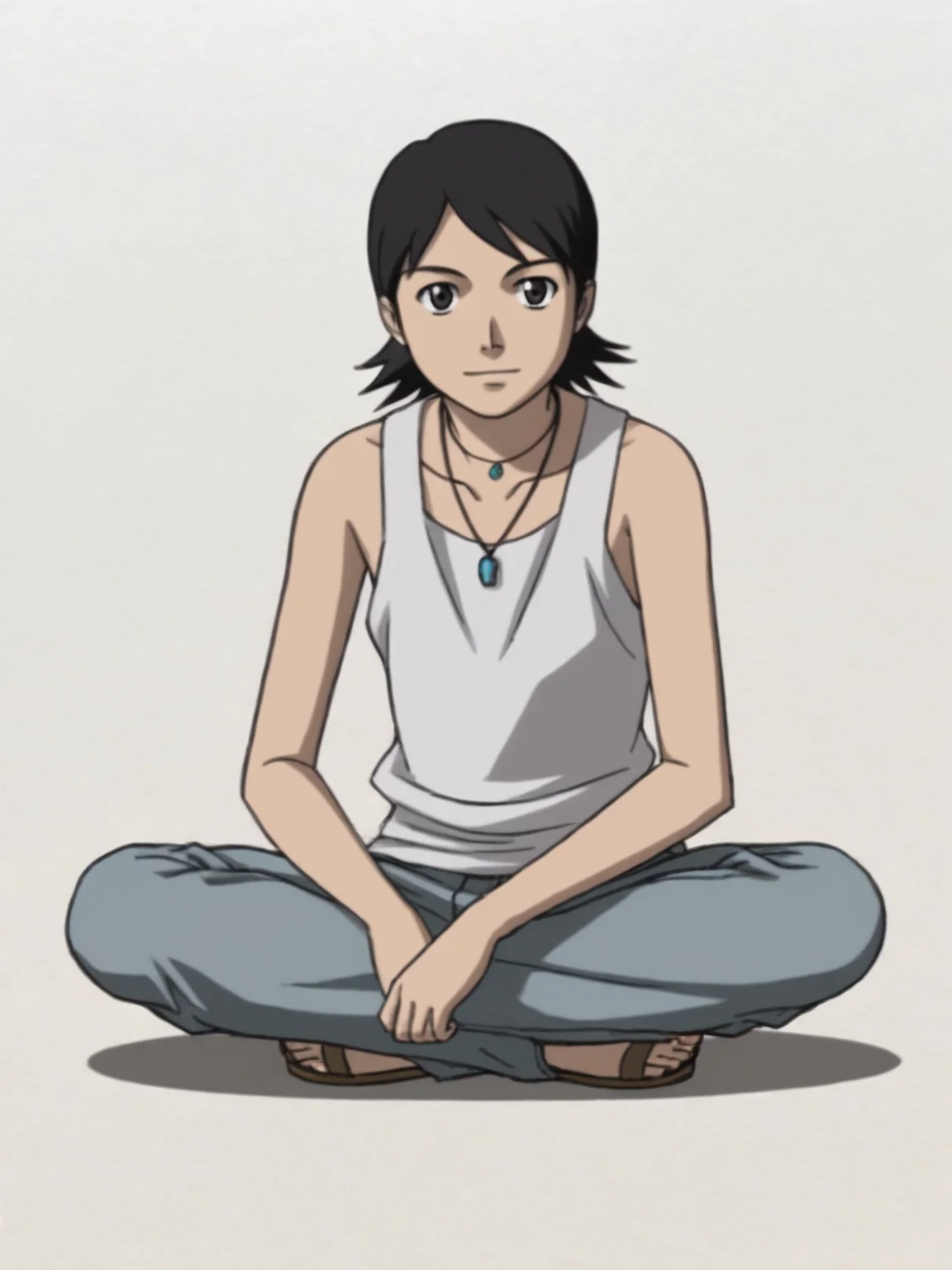 score_9, source_anime, BREAK, white background, <lora:Chai_PDXL:0.6> chai, ((aged up, adult)), otoko no ko, flat chest, tank top, necklace, jeans, sandals, jewelry, pendant, v:1.2, sitting