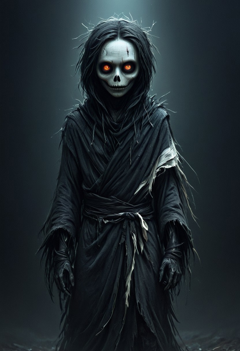 colorful, creepy drawing, simple illustration, childlike illustration. creepy, scary
A simple illustration of a humanoid figure wrapped in tattered white and black cloth, glowing white eyes, dark void-like face, layered ragged robes with feather-like textures, post-apocalyptic aesthetic, eerie and surreal, high detail, cinematic lighting, soft gradient background.