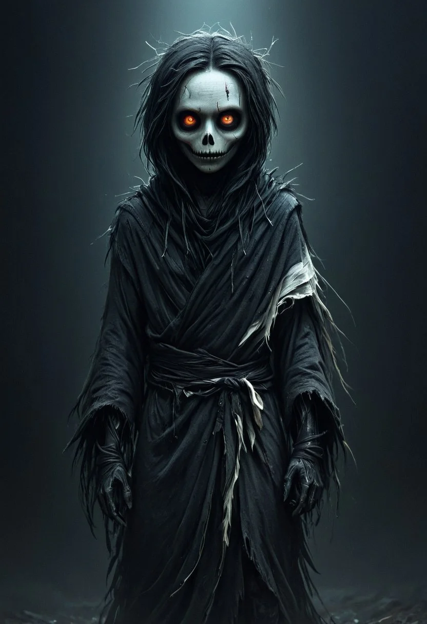 colorful, creepy drawing, simple illustration, childlike illustration. creepy, scary
A simple illustration of a humanoid figure wrapped in tattered white and black cloth, glowing white eyes, dark void-like face, layered ragged robes with feather-like textures, post-apocalyptic aesthetic, eerie and surreal, high detail, cinematic lighting, soft gradient background.