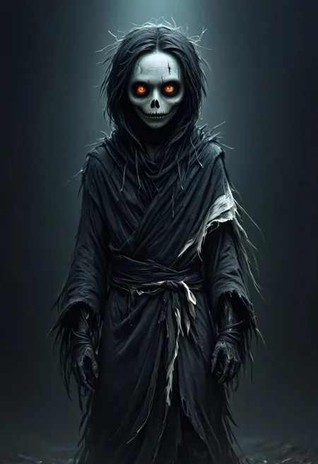 colorful, creepy drawing, simple illustration, childlike illustration. creepy, scary
A simple illustration of a humanoid figure wrapped in tattered white and black cloth, glowing white eyes, dark void-like face, layered ragged robes with feather-like textures, post-apocalyptic aesthetic, eerie and surreal, high detail, cinematic lighting, soft gradient background.