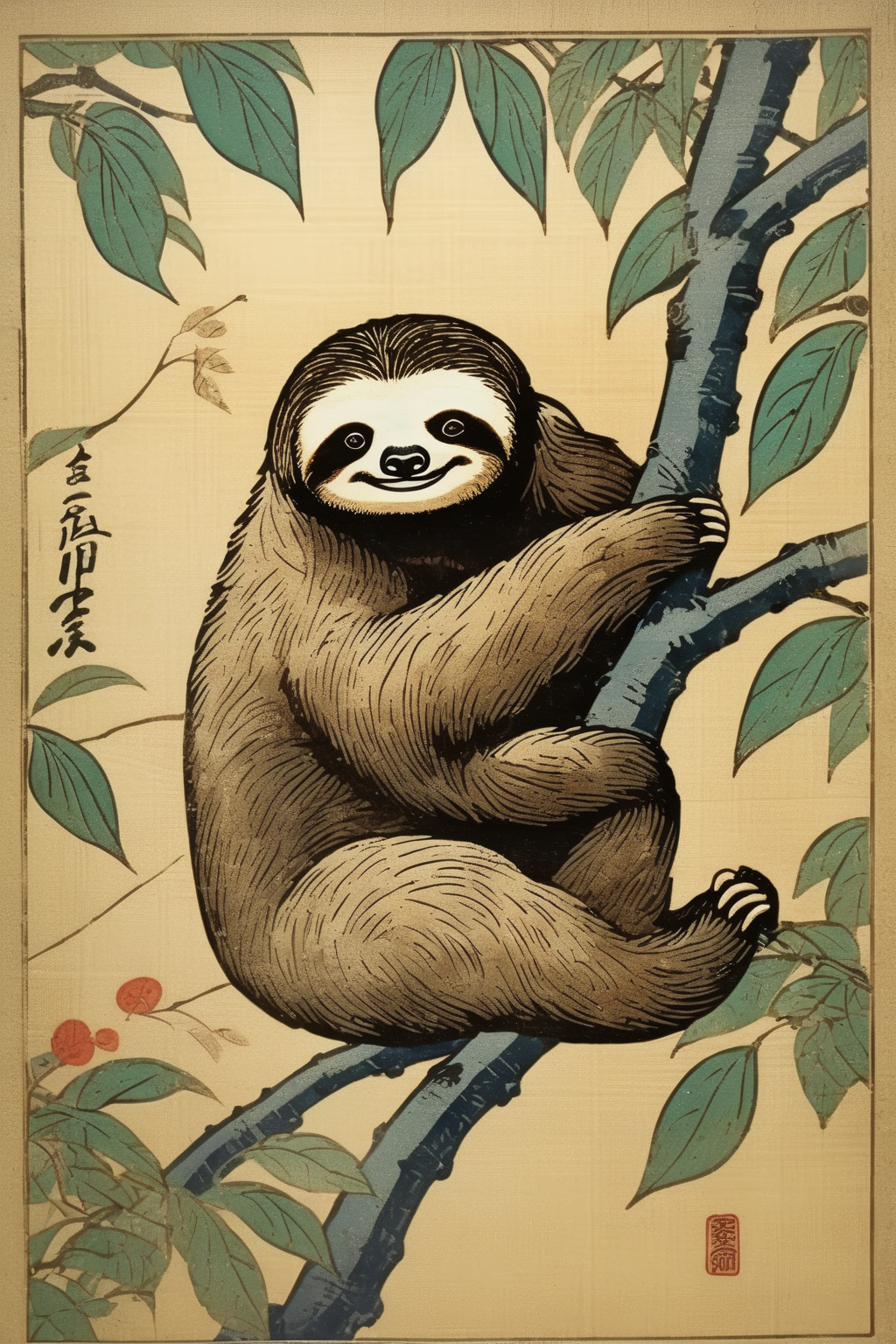 <lora:Ohara Koson Style:1>Ohara Koson Style - sloth on a tree branch with leaves in japanese woodblock print parchment background