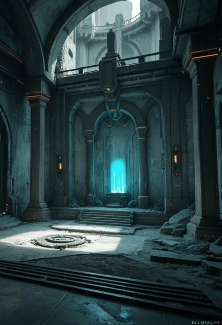 score_9, score_8_up, score_8,
cyberpunk, Albrecht, no humans,
temple, scenery, ruins,
glowing, cyberpunk lab, blue glow,