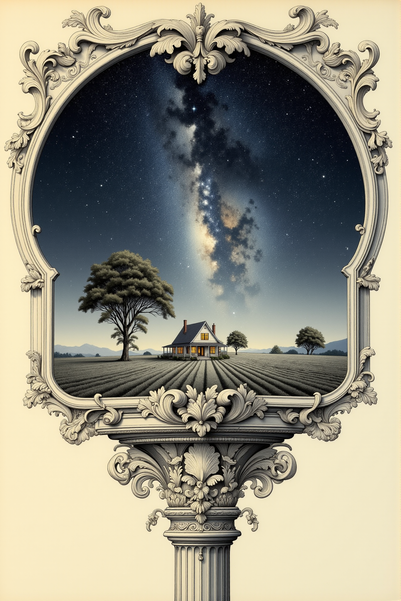<lora:Vintage_sketch_style_v.1:0.8> VintageSketch style.  This serene, breathtaking image depicts a vast night sky filled with stars, stretching infinitely across the horizon. The Milky Way is prominently visible, its shimmering cosmic dust creating a luminous river of light amidst the deep blacks and midnight blues of the sky. Tiny pinpricks of starlight scatter across the entire scene, with the occasional shooting star streaking through the vastness, adding a sense of quiet wonder and awe. In the foreground, a solitary house sits in an expansive, open field, its windows softly glowing with warm light. The contrast between the cozy, illuminated home and the infinite darkness above creates a striking yet peaceful balance. The surrounding landscape is composed of neatly tended rows of grass or crops, bathed in gentle moonlight that casts subtle shadows across the ground. A few large trees stand silently around the house, adding to the sense of solitude and tranquility. The use of monochromatic tones, with delicate hints of blue and silver, gives the image a dreamlike quality, evoking the stillness and beauty of a quiet, starry night. The scene feels contemplative and intimate, capturing the quiet majesty of the universe while grounding it in the warmth and familiarity of a home nestled within the endless cosmos. It invites reflection and a deep sense of calm, where the vastness of space meets the intimate comfort of the earth below.