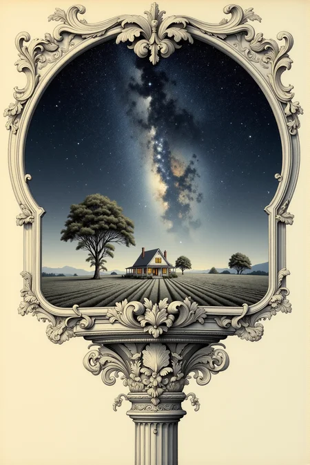 <lora:Vintage_sketch_style_v.1:0.8> VintageSketch style. This serene, breathtaking image depicts a vast night sky filled with stars, stretching infinitely across the horizon. The Milky Way is prominently visible, its shimmering cosmic dust creating a luminous river of light amidst the deep blacks and midnight blues of the sky. Tiny pinpricks of starlight scatter across the entire scene, with the occasional shooting star streaking through the vastness, adding a sense of quiet wonder and awe. In the foreground, a solitary house sits in an expansive, open field, its windows softly glowing with warm light. The contrast between the cozy, illuminated home and the infinite darkness above creates a striking yet peaceful balance. The surrounding landscape is composed of neatly tended rows of grass or crops, bathed in gentle moonlight that casts subtle shadows across the ground. A few large trees stand silently around the house, adding to the sense of solitude and tranquility. The use of monochromatic tones, with delicate hints of blue and silver, gives the image a dreamlike quality, evoking the stillness and beauty of a quiet, starry night. The scene feels contemplative and intimate, capturing the quiet majesty of the universe while grounding it in the warmth and familiarity of a home nestled within the endless cosmos. It invites reflection and a deep sense of calm, where the vastness of space meets the intimate comfort of the earth below.