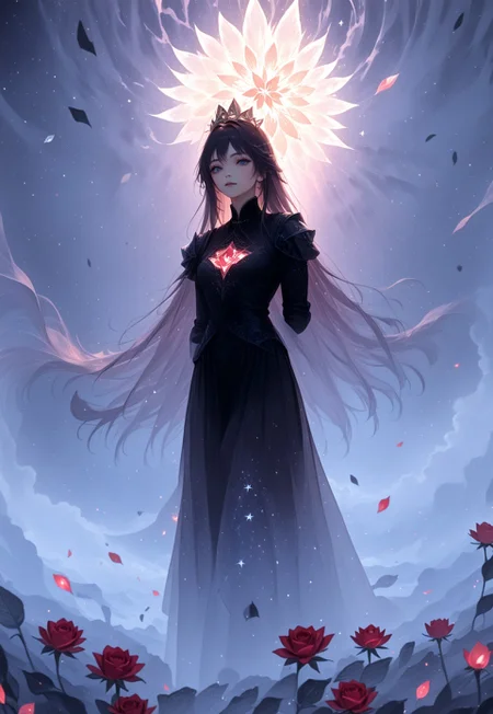 A beautiful woman stands at the edge of a vast, starry void, her form beginning to dissolve into a swirling storm of black, gold, silver, and red rose petals. Her face is serene, almost ethereal, as if she’s accepted her transformation. Her long hair flows gently in an otherworldly breeze, and her eyes, filled with a mix of sadness and wonder, gaze into the infinite cosmos. As the petals break away from her body, they are caught in a cosmic whirlwind, spiraling upward into the darkness. The black petals shimmer faintly, their edges glowing with gold and silver, while the red petals burn like embers, leaving trails of fiery light. The stars around her pulse and twinkle, their light reflecting off the petals and creating a mesmerizing dance of shadows and light. The atmosphere is a perfect blend of melancholy and beauty, capturing the woman’s transition from the physical world to the cosmic unknown. The scene is both haunting and enchanting, as if she’s becoming one with the universe itself." Additional details for refinement: Style: Hyper-realistic or semi-realistic, with a focus on atmospheric lighting and fluid motion. Lighting: Soft, cosmic light with glowing highlights on the petals and stars. Color palette: Deep blacks, shimmering golds and silvers, and fiery reds (petals), with shimmering whites and blues (stars). Mood: Melancholic, mystical, and awe-inspiring, with a sense of transcendence and beauty.