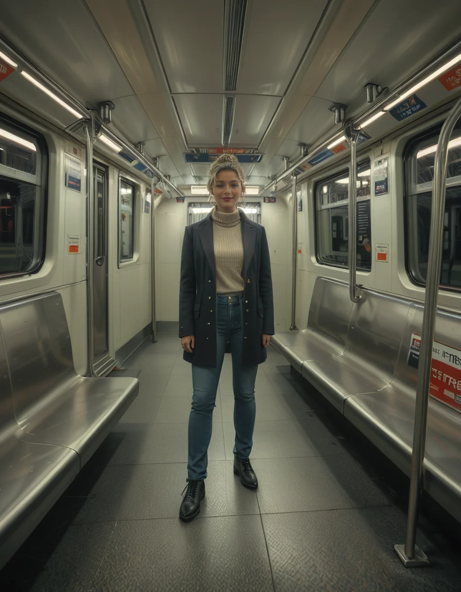 A modern subway train,Subw4y tr41n, in motion, with a single woman standing near the center of the train car, holding onto a shiny metal pole for balance as the train glides along the tracks. The woman is dressed casually yet stylishly, wearing a long black coat over a beige turtleneck sweater, paired with slim-fit jeans and ankle boots. Her hair is neatly tied back into a low bun, with a few loose strands framing her face. She has a thoughtful, calm expression, her gaze directed slightly downward as if lost in her own world. In her other hand, she holds a small tote bag, its strap looped over her wrist, with a paperback book peeking out from the top.
The subway car is clean but shows subtle signs of daily use. The walls are lined with muted gray panels, and the seats along the edges of the car are upholstered in a dark blue fabric, slightly faded from wear. Overhead, fluorescent lighting casts a bright, even glow across the interior, causing faint reflections on the polished floor, which is marked with the occasional scuff from commuters' shoes. Metal grab handles hang from above, gently swaying with the trainâs movement, and shiny steel poles are strategically placed throughout the car.
The windows on both sides reveal a blurry, motion-filled view of the dark subway tunnel, interspersed with flashes of graffiti-covered walls and dim utility lights. Above the windows, digital displays show the next stop in bright LED text, along with a route map that runs the length of the car. Small advertisements are mounted on the walls, showcasing everything from city events to product promotions, some with vibrant colors that add subtle contrast to the neutral tones of the train.
The atmosphere feels still and introspective, with the soft hum of the train and the occasional squeal of the wheels on the track. The train is sparsely occupied, with a few empty seats and subtle details like a forgotten coffee cup on one bench and a folded newspaper lying on the floor. The overall mood is quiet and reflective, capturing a moment of solitude and thoughtfulness during an ordinary subway ride.<lora:SDXLFaeTastic2400:0.4> <lora:extremely_detailed:0.4> extremely detailed, <lora:Subw4y_tr41n:1>, Masterpiece,best quality,hi res,8k,hi res,8k,award winning,(sharp focus, intricate, highly detailed),
