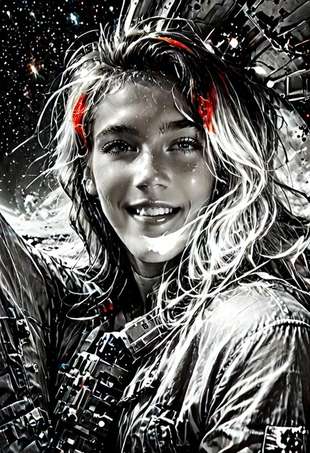 Score_9, score_8_up, Score_7_up, Realistic, cinematic shot, selective color, monochrome background, 4k, Gadget,(fighting aliens, non-humanoid aliens, aggressive alien lifeforms, alien planet), blonde, grayscale with red highlights, full body shot, t-shirt, cargo pants, working boots, partial nudity, 18yo, running, shooting a blaster, explosions, Gadget, smile, perfect face, stunning, breathtaking face, detailed face, perfect teeth, expressive eyes, eyes focus, extremely cute, medium boobs, easynegative, ALRGFC, alluring face, sexy, hetero, Stable_Yogis_PDXL_Positives, CyberRealisticPony_POSV1