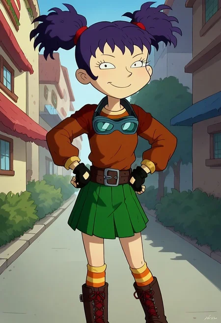 score_9, score_8_up, score_7_up, courtyard, extremely detailed, Ki_mi2, purple hair, twin tails, 1girl, solo, goggles around neck, multicolered shirt, brown shirt with yellow long sleeves, fingerless gloves, green short skirt, bare knees, striped thigh high socks, dark red boots, standing, looking at viewer, hand on hip, smiling,