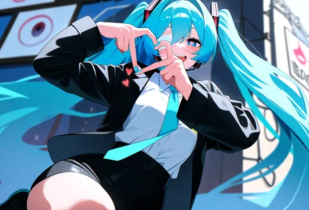 very awa, masterpiece, best quality, year 2024, newest, highres, absurdres, <lora:age_slider_v4:3> <lora:thicc_v1.4-pony:1.2>,detailed_background,outdoors,heart,sweat,eyeball,medical eyepatch,twintails,freckles,jacket,white shirt,necktie,monitoring \(vocaloid\),hatsune miku,symbol-shaped pupils,4-finger heart hands,blue hair,eyepatch,bagutyannn,heart hands,solo,1girl,highres,long hair,arms up,leg up,vocaloid,shirt,hair intakes,heart-shaped pupils