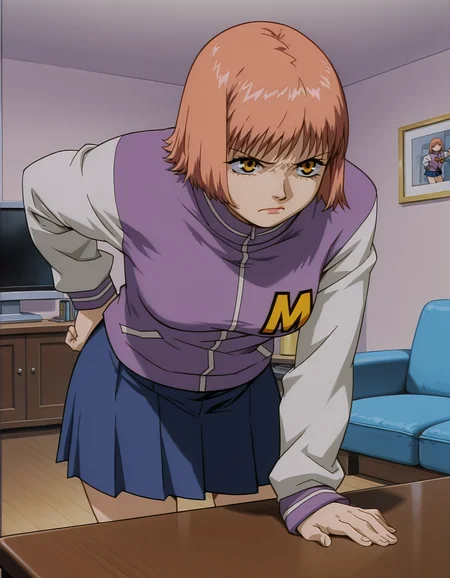 <lora:mikura-noupscale-illustrious-000020:1> mikuraova
letterman jacket, skirt,
1girl, solo, hand on table, leaning forward, annoyed, living room, masterpiece, best quality