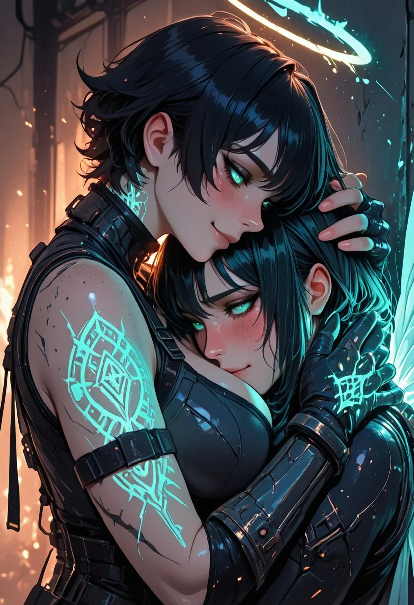 (masterpiece), (best quality), (8k), 2girls, angel and demon, intense stare-down, tension, glowing eyes, magical aura, emissive lighting effects, cinematic lighting, golden hour glow, divine vs infernal contrast, glowing halo above angel, broken burning halo above demon, floating sparks, glowing tattoos or markings, glowing feathers vs shadowy wings, ambient light particles, symmetrical composition, high detail, soft shadows and light contrast, dramatic environment, cleavage, large breasts, detailed armor, bodysuit, fishenets, sleeveless, armbands, flowing cloth, mystical energy in air, angel freckles, demon scars,
Face details, happy, in love, blush, blushing, pushed against wall, hugging, head on chest, face on chest, nuzzle, nuzzling breasts, head between breasts, hand on head, hand behind head, smile,