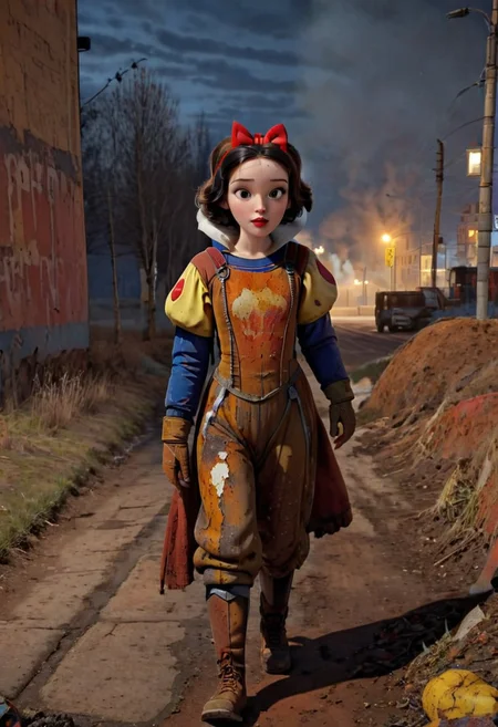Rusted, rusted landscape, an Disney princess Snow White, wearing a Hazmat suit, walking on a side walk in a run down russian city, smoke, chem trails, extreme close-up, portrait, raw, masterpiece, extreme insanely realistic detailed and intricate, extreme realistic detail, doomer aesthetics, depressing feelings, night, vintage painting, painting, realism,