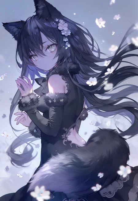 score_9, score_8_up, score_7_up, score_6_up, <lora:oninekoXL_TPN55_lokr_V43P1:0.95> 1girl, animal ears, solo, long hair, flower, dress, detached sleeves, black dress, looking at viewer, tail, black hair, fur-trimmed sleeves, fur trim, grey eyes, bare shoulders, wolf ears, long sleeves, white flower, closed mouth, animal ear fluff, breasts, hair between eyes, hair ornament, very long hair, black sleeves, clothing cutout, wolf tail, hand up, looking back