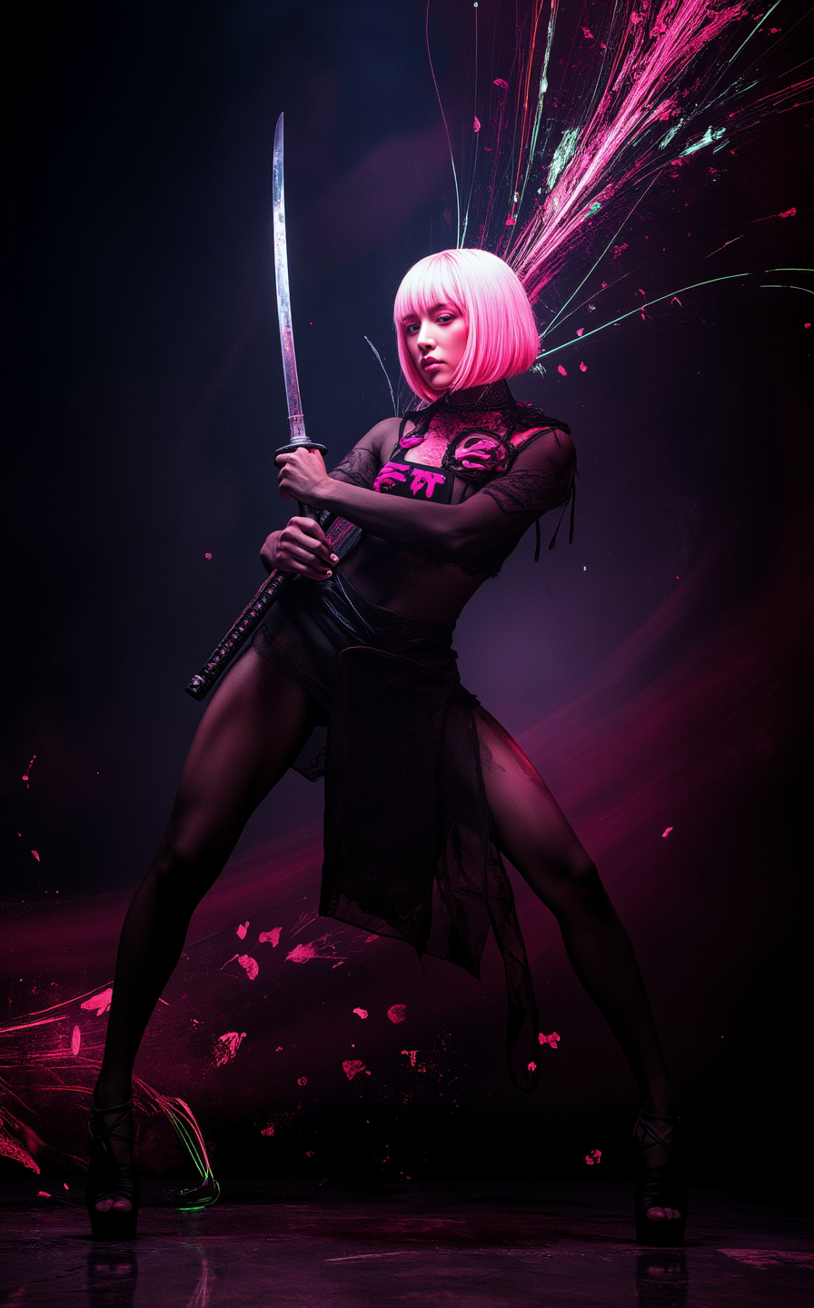 A stunning woman with a sleek, pink bob haircut stands in a dynamic pose, mid-swing, as she wields an authentic katana with precision and grace. Her hair glows faintly under the neon light, and her eyes radiate an otherworldly energy, emitting a soft, smoky luminescence that trails behind her gaze like wisps of vapor. She wears a modern, cyberpunk-inspired outfit—a fitted black top with neon pink accents and a high-waisted, asymmetrical skirt that allows for fluid movement. Her expression is fierce and focused, her lips slightly parted as she channels her strength into the strike.

The katana in her hands is a masterpiece of traditional craftsmanship, its blade gleaming with a sharp, metallic edge. As she swings, neon pink and green streaks of light burst from the blade, creating a dazzling trail of energy that cuts through the darkness. The background is an abyss of pure black, punctuated by splashes of neon pink and green that resemble paint splatters and dynamic, glowing lines that curve and twist like calligraphy in motion. The air is thick with a faint haze, adding depth and mystery to the scene.

Her pose is powerful and deliberate, one foot planted firmly on the ground while the other lifts slightly, her body twisted to maximize the force of her strike. The neon light from her katana and eyes illuminates her figure, casting dramatic shadows and highlighting her elegant yet deadly form. The atmosphere is a perfect blend of traditional Japanese aesthetics and futuristic neon-punk, with the woman at its center as a symbol of beauty, strength, and precision. The scene captures the intensity of the moment, frozen in time, as she delivers a strike that is both artful and devastating.