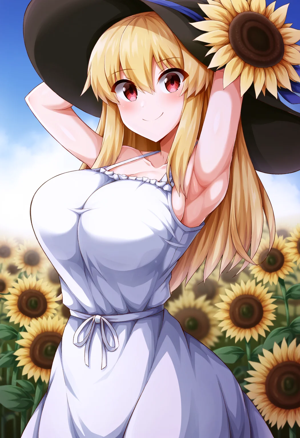 score_9, score_8_up, score_7_up, score_6_up, score_5_up, score_4_up,
simple background, gradient background,
refraction, caustics, rim lights, backlighting, bloom,
BREAK
source_anime, day, outdoors, sky, flower field, sunflower, sunflower field, sunset,
BREAK
1girl, sundress, sunhat, blonde hair, large breasts, see-through silhouette, happy, hair between eyes,
arms up, armpits, light smile,
<lora:Monaka-v1-PDXL:1>