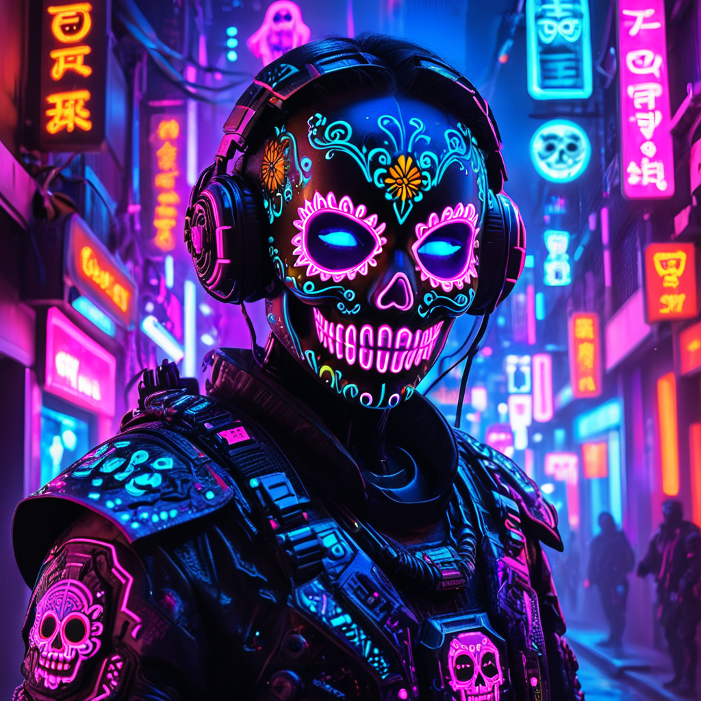 masterpiece,high resolution
1 figure, solo, cyberpunk Day of the Dead theme, wearing a glowing neon sugar skull face mask, intricate glowing patterns in vibrant colors like neon pink, blue, and orange. The figureâs eyes are illuminated with bright purple light, and the outfit features high-tech armor with neon circuitry running through it. Set in a dark, futuristic city during a festival, neon lights and glowing decorations fill the background, creating a vibrant, eerie atmosphere. Halloween and cyberpunk aesthetics blend together with glowing technology and traditional elements
, <lora:halloween_x_cyberpunk-xl-9:0.6>