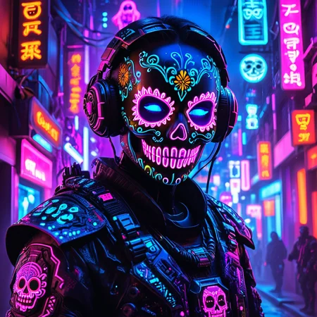 masterpiece,high resolution
1 figure, solo, cyberpunk Day of the Dead theme, wearing a glowing neon sugar skull face mask, intricate glowing patterns in vibrant colors like neon pink, blue, and orange. The figureâs eyes are illuminated with bright purple light, and the outfit features high-tech armor with neon circuitry running through it. Set in a dark, futuristic city during a festival, neon lights and glowing decorations fill the background, creating a vibrant, eerie atmosphere. Halloween and cyberpunk aesthetics blend together with glowing technology and traditional elements
, <lora:halloween_x_cyberpunk-xl-9:0.6>