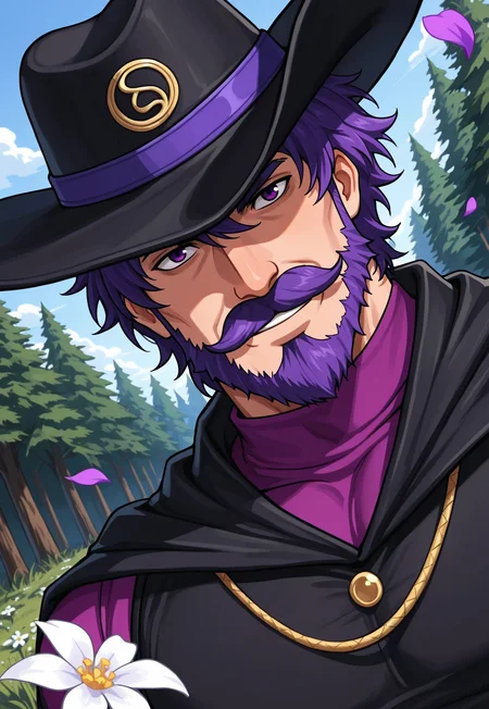 masterpiece, best quality, amazing quality, RasmodiusSV, purple hair, short hair, purple eyes, beard, mustache, mature male, muscular, hat, cape, violet turtleneck shirt, black vest, portrait, looking at viewer, smile, dynamic pose, detailed background, dutch angle, forest, blue sky, clouds, white flowers, petals on the wind,