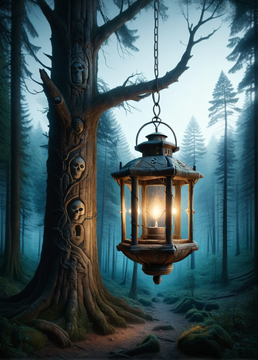 An ais-rghhwn lantern hanging from the bough of an ancient tree in a haunted forest, casting eerie shadows <lora:ais-rghhwn-sdxl:1>