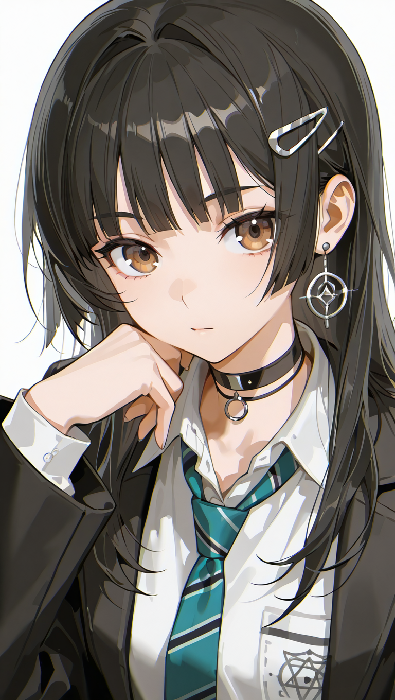 1girl, bangs, black choker, black hair, black jacket, blunt bangs, brown eyes, choker, collar, earrings, eyebrows visible through hair, hair ornament, hairclip, jacket, jewelry, long hair, long sleeves, looking at viewer, necktie, open clothes, school uniform, shirt, simple background, solo, striped necktie, white background, white shirt, <lora:ChromaQuill-000025:1>