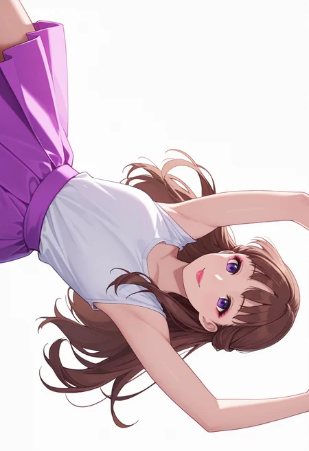 Smooth Quality,masterpiece,very intricate, high quality details, ultra realistic, high detailed skin,detailed enviorement,absurdres,
partially undressed, 
 <lora:Lishu_CNR:0.8> lishu_cnr,brown hair, long hair, purple eyes, makeup, lipstick,, simple background, white background, sideways,
jumping, arms raised, legs bent, happy face, energetic posture,  ,color drain,, t-shirt, ,sleeveless shirt, ,panel skirt,  ,