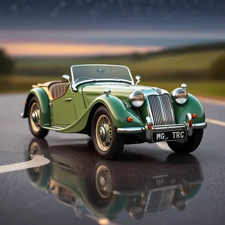 Billy's Vintage Car, MG TC car, Classic British roadster. Small, sporty, and very charming. Popular post-war with returning soldiers.. glassy reflective road, glassy clean landscape, best bright night, aurora, motion blur, raining warm weather, sleek driving, high-octane, high-definition