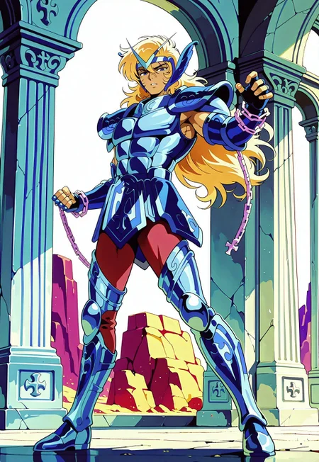 masterpiece,best quality,amazing quality, cephalbioreilxl, 1boy, male focus, toned male, blue eyes, wavy long hair, blonde hair, blue circlet, blue pauldrons, blue breastplate, elbow length vambraces, blue faulds, maroon pants, thighhigh greaves, fingerless gloves, chains, action pose, looking at viewer, full body,  mediterranean backdrop, greek pillars