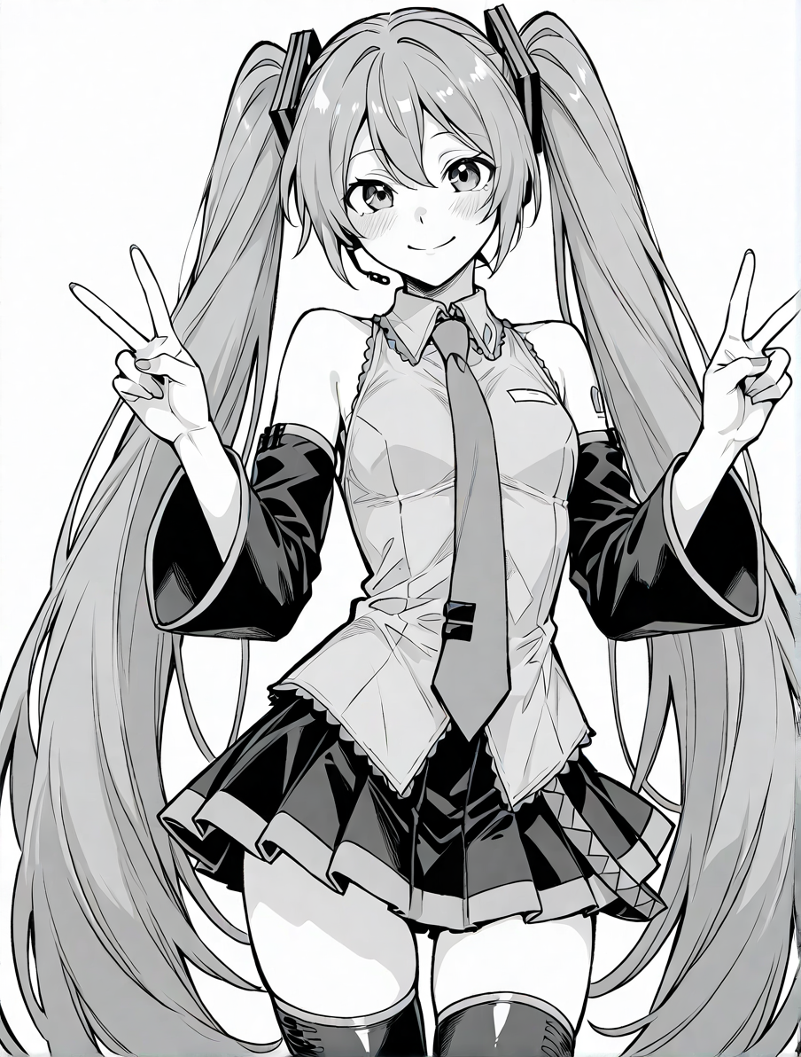1girl, blush, cowboy shot, hatsune miku, long hair, long sleeves, looking at viewer, smile, solo, thighhighs, twintails, v, very long hair,monochrome,greyscale , <lora:Sketch  Style-000004:1>