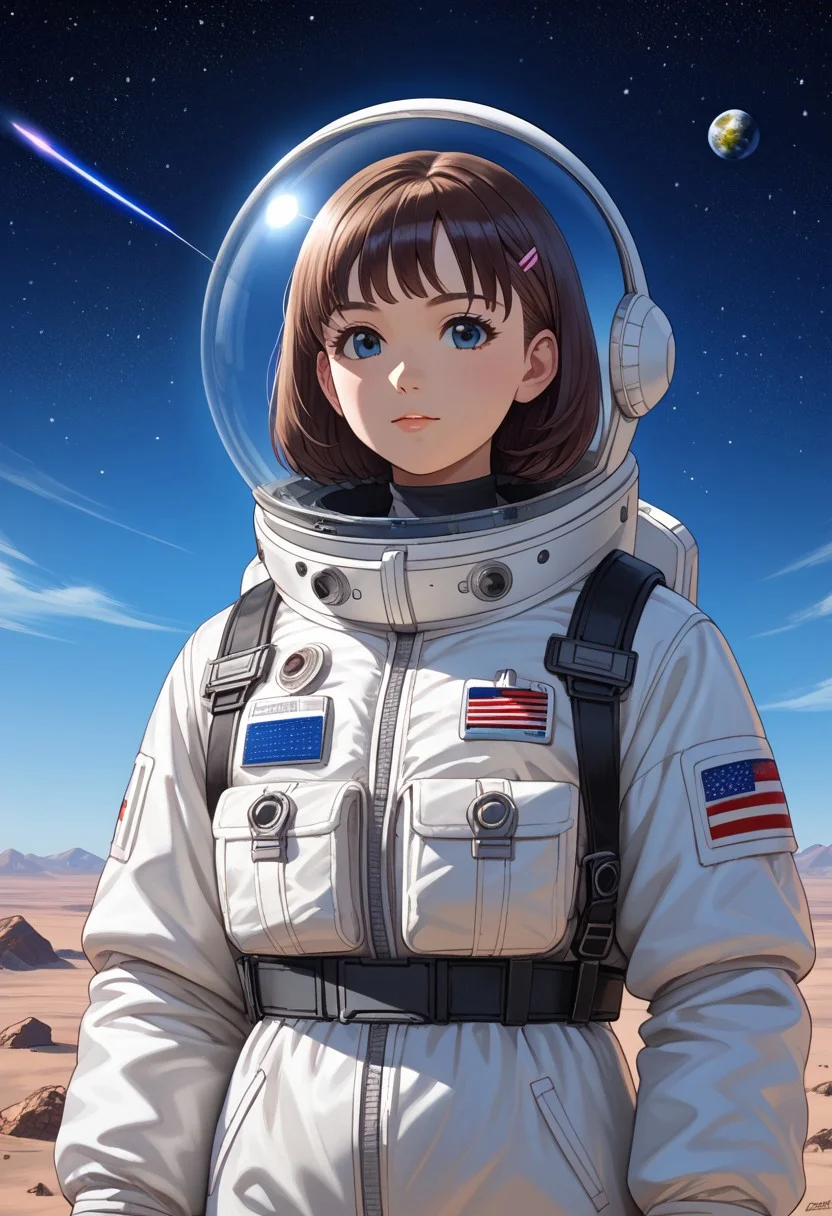 (anime), 1girl, space, meteorites, spacesuit, collecting samples, iridescent, masterpiece, score_9