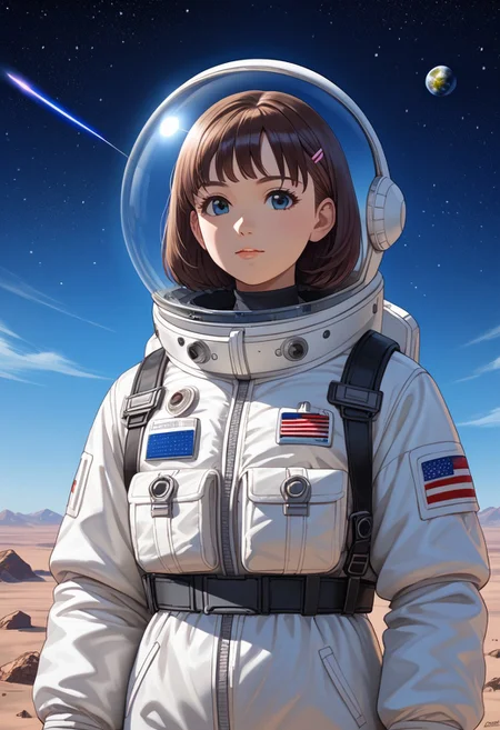 (anime), 1girl, space, meteorites, spacesuit, collecting samples, iridescent, masterpiece, score_9