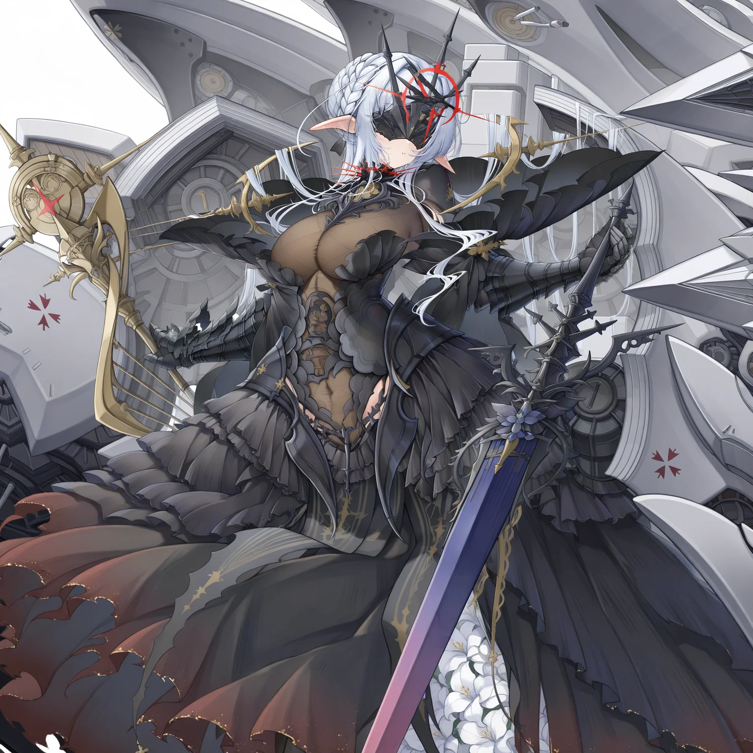 aiii (style1),1girl,breasts,large breasts,solo,long hair,white hair,cleavage,armor,armored dress,see-through,see-through cleavage,dress,frills,gauntlets,aircraft,airplane,propeller,propeller fighter,military vehicle,black armor,armored leotard,elf,pointy ears,white background,weapon,huge weapon,torn clothes,torn dress,long dress,leotard,black dress,standing,covered eyes,hair intakes,braid,crown braid,single hair bun,sidelocks,parted lips,facing viewer,black mask,eye mask,holding,holding polearm,holding sword,holding weapon,sword,planted sword,hand on hilt,machinery,rigging,head tilt,multiple weapons,anti-aircraft gun,ship turret,cannon,spiked collar,crosshair,bun with braided base,flower,white flower,side slit,drill,spear,planted spear,feet out of frame,<lora:aiii (style1) v4.1-000010:1>,
