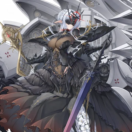 aiii (style1),1girl,breasts,large breasts,solo,long hair,white hair,cleavage,armor,armored dress,see-through,see-through cleavage,dress,frills,gauntlets,aircraft,airplane,propeller,propeller fighter,military vehicle,black armor,armored leotard,elf,pointy ears,white background,weapon,huge weapon,torn clothes,torn dress,long dress,leotard,black dress,standing,covered eyes,hair intakes,braid,crown braid,single hair bun,sidelocks,parted lips,facing viewer,black mask,eye mask,holding,holding polearm,holding sword,holding weapon,sword,planted sword,hand on hilt,machinery,rigging,head tilt,multiple weapons,anti-aircraft gun,ship turret,cannon,spiked collar,crosshair,bun with braided base,flower,white flower,side slit,drill,spear,planted spear,feet out of frame,<lora:aiii (style1) v4.1-000010:1>,