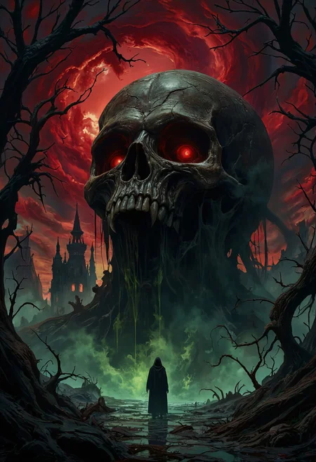 horror show, monster, nightmare, fear,
A haunting surreal horror scene featuring a massive, ominous skull partially submerged in fog, with hollow eyes emitting a faint, ghostly glow. Dark, twisted trees frame the skull, with gnarled branches clawing towards a decaying, eerie mansion in the background. Blood-red clouds swirl above, casting shadows on the cracked ground, while a mysterious cloaked figure stands in the foreground, surrounded by thick mist. The color palette combines deep crimsons, shadowy blacks, and hints of spectral greens