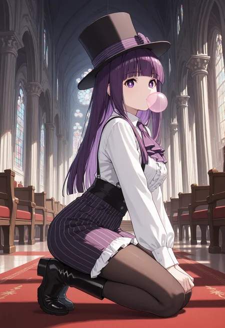 masterpiece, best quality, 1girl, solo, purple hair, long hair, blunt bangs, kodona, collared shirt, hat bow, frills, long sleeves, top hat, shorts, indoors, church, kneeling, full body, purple eyes, bright pupils, suspenders, ascot, pantyhose, boots, striped, striped shorts, gothic architecture, pillar, arch, from side, looking at viewer, blowing bubbles, chewing gum