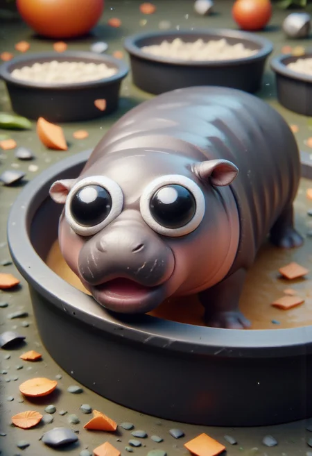 The image is a photograph featuring a young hippopotamus calf in a shallow, black plastic basin filled with water and what appears to be a mix of food and debris. The calf's skin is a mottled grayish-brown color, with a wrinkled, almost leathery texture, typical of its species. Its eyes are wide and expressive, and its mouth is slightly open, revealing a small pink tongue. The calf has two large, exaggerated, black eyes with white pupils positioned in the middle of its surface, giving it a comical, anthropomorphic appearance.
