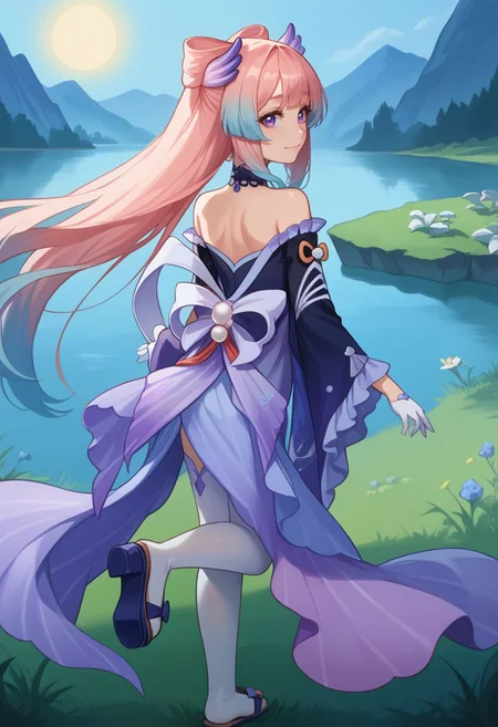 score_9, score_8_up, score_7_up, source_anime, 1girl, kokomidef, purple eyes, pink hair, long hair, gradient hair, multicolored hair, sidelocks, blunt bangs, bow-shaped hair, hair ornament, choker, bare shoulders, detached sleeves, frills, frilled sleeves, wide sleeves, long sleeves, white gloves, half gloves, white thighhighs, sandals, smile, closed mouth, standing, looking at viewer, outdoors, lake, pearls, shell, grass, sun, from behind, back, looking back, <lora:Kokomi_v1-000010:1>